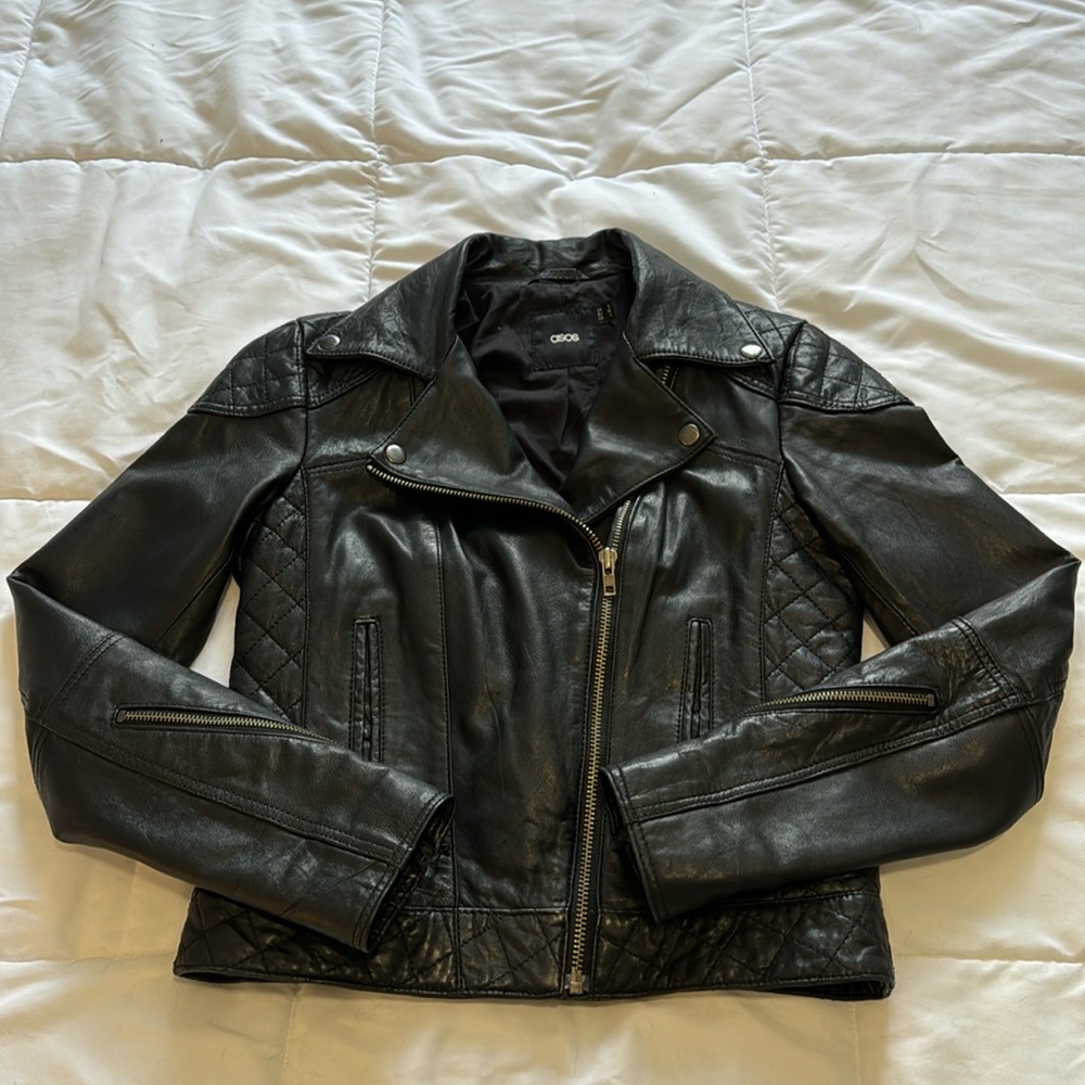 Asos Genuine Leather Moto/Biker Jacket Sz 4 quilted detailing - Picture 1 of 12